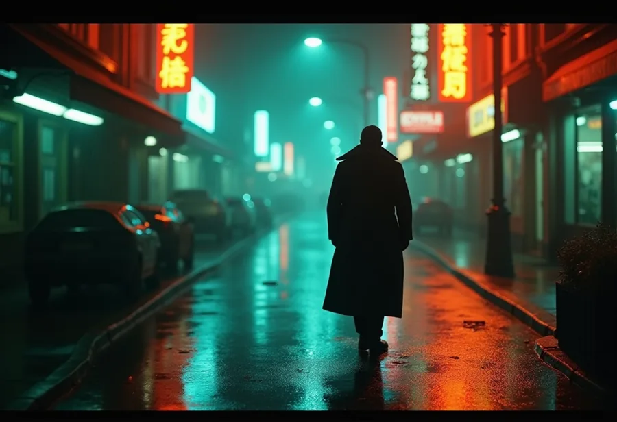 Cinematic movie still sample β neo-noir street